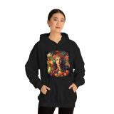 “Plant-Powered and Proud” Hoodie with Vegan Woman Surrounded by Fruits and Veggies