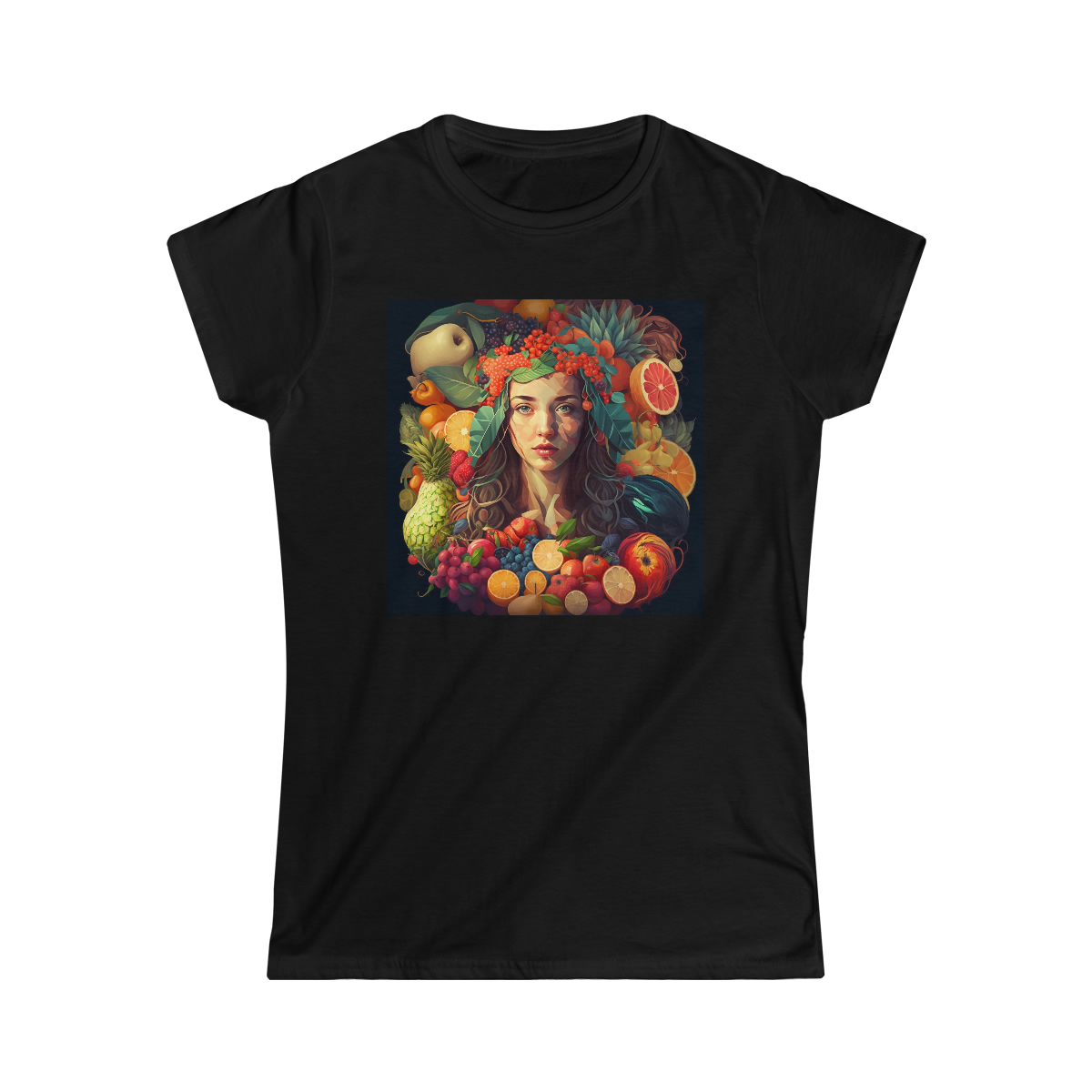 “Plant-Powered and Proud” Women’s Tee with Vegan Woman Surrounded by Fruits and Veggies